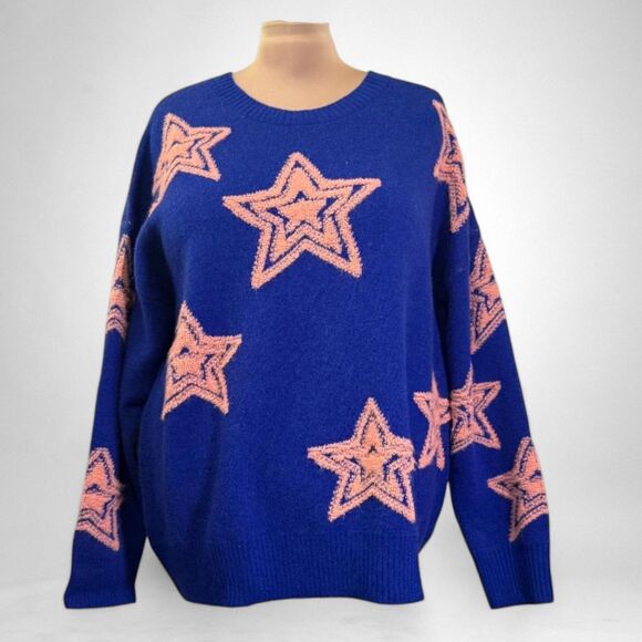 FANTASTIC FAWN Oversized Royal Blue and Pink All Over Star Sweater, NWOT! Large - Picture 1 of 9